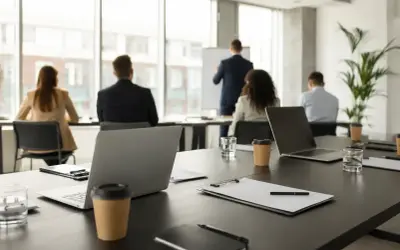Uczestnicy szkolenia w sali konferencyjnej, gdzie omawiane są assessment center przykłady i odpowiedzi. Na stole laptopy i notatniki.