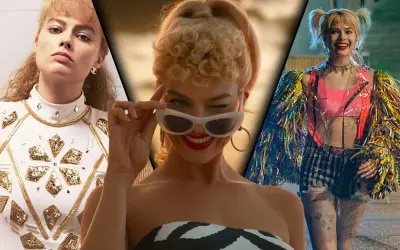 Margot Robbie i tre olika roller: glamorös, lekfull och vild. En collage av filmer med Margot Robbie.
