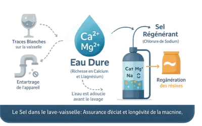 Schéma expliquant le rôle du sel régénérant dans un lave-vaisselle pour adoucir l'eau, éviter les traces et l'entartrage.