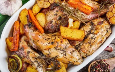 Pieczony królik z ziemniakami, marchewką i czosnkiem, doprawiony ziołami. Idealna marynata do królika pieczonego w piekarniku.
