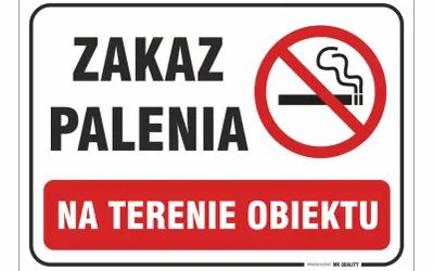 ZAKAZ PALENIA NA TERENIE OBIEKTU. Znak informuje o całkowitym zakazie palenia.
