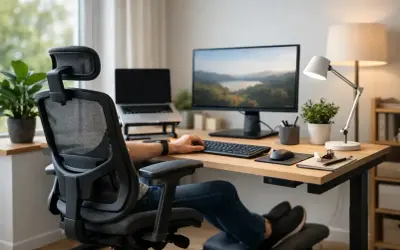 Gemütlicher homeoffice platz mit ergonomischem Stuhl, Laptop, Monitor und Schreibtischlampe.
