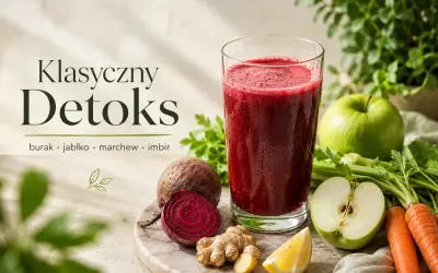 Klasyczny detoks: sok z buraka, jabłka, marchwi i imbiru. Odkryj jego właściwości.