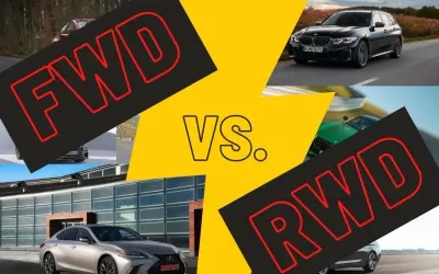 Porównanie napędu FWD i RWD. Widoczne BMW serii 3 Touring i zielony samochód sportowy.