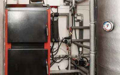 Kotłownia z piecem i skomplikowaną instalacją hydrauliczną. Widoczna wentylacja w kotłowni zapewnia prawidłowe działanie systemu.