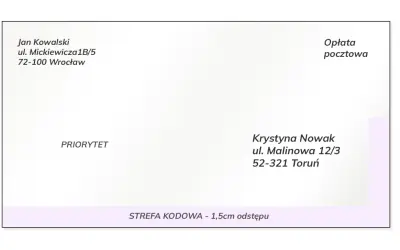 Adresat Krystyna Nowak, nadawca Jan Kowalski. Koperta z danymi adresowymi i oznaczeniem priorytetu.