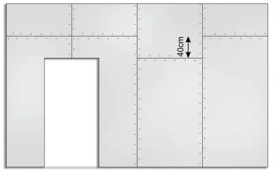 Schemat przedstawia fragment ściany z płyt gipsowych, z zaznaczonymi wymiarami 40cm.