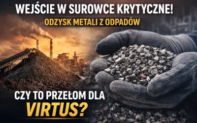 Ręce w rękawicach trzymają surowiec, w tle przemysł i hałda. Czy to przełom dla Virtus? Notowania surowców krytycznych.
