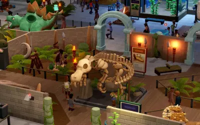 Zwiedzający podziwiają szkielet dinozaura w **two point museum**. W tle widać zielonego dinozaura i prehistoryczne eksponaty.