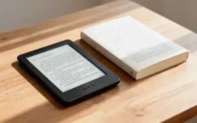 Une liseuse Kindle et un livre papier reposent sur une table en bois. Le choix entre le numérique et le papier pour une bonne lecture.