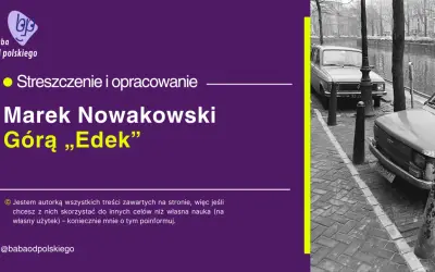 Czarno-białe zdjęcie dwóch samochodów zaparkowanych przy kanale, z tekstem "Marek Nowakowski Góra „Edek”" na fioletowym tle.
