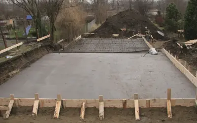 Fundamenty pod dom: wylana płyta betonowa z zbrojeniem, szalunki drewniane, koparka w tle.