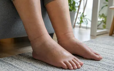 Gambe e piedi gonfi, con evidente caviglia gonfia. La persona è seduta su un divano grigio, con un tappeto a righe sotto i piedi.