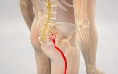 Anatomical illustration showing the sciatic nerve (nerw kulszowy) in red, originating from the lower spine and extending down the leg.