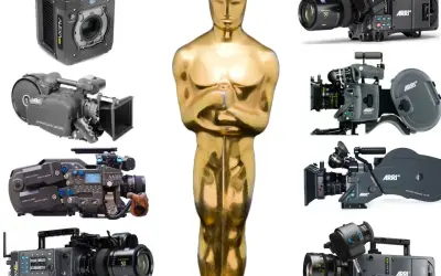 Złoty Oscar i różne kamery filmowe, od starych po nowoczesne, przypominają, kiedy wynaleziono kamerę i jak ewoluowała sztuka filmowa.