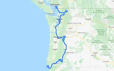 Trasa podróży przez stany USA: Waszyngton i Oregon, od Vancouver po wybrzeże.