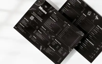 Menu z czarnym tłem, prezentujące ofertę a la carte. Widoczne sekcje: Zupy, Dania Główne, Pizza, Makaron, Burgery, Desery, Napoje Gorące i Zimne, Piwo, Drink, Wina.