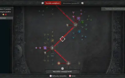 Drzewko umiejętności dla łotra w Diablo 4. Widoczne punkty wydane i dostępne, złoto. Skupienie na budowaniu postaci.