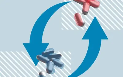 Flechas azules indican un ciclo, mostrando pastillas rojas y azules. Consulta sobre cada cuanto alternar paracetamol e ibuprofeno.