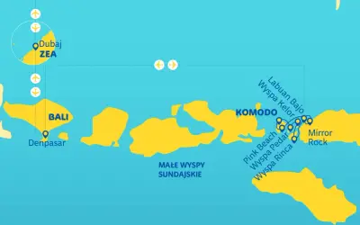 Mapa podróży po Indonezji: loty z Dubaju na Bali, a następnie do Komodo i na Małe Wyspy Sundajskie.