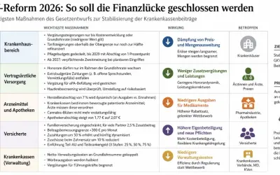 Der **gesundheitsreform aktueller stand** zeigt Maßnahmen zur Schließung der Finanzlücke: Dämpfung von Preis/Menge, weniger Zusatzleistungen, niedrigere Medikamentenausgaben, höhere Eigenbeteiligung.