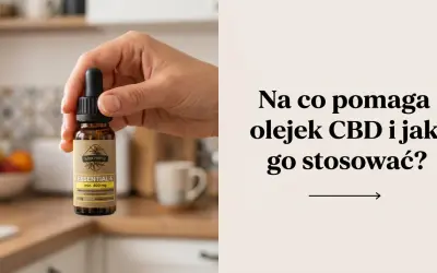 Dłoń trzyma buteleczkę olejku CBD. Tekst pyta: "Na co pomaga olejek CBD i jak go stosować?".
