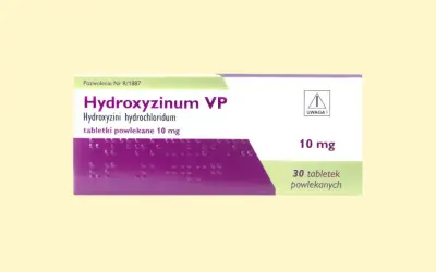 Opakowanie leku Hydroxyzinum VP 10 mg, 30 tabletek powlekanych.