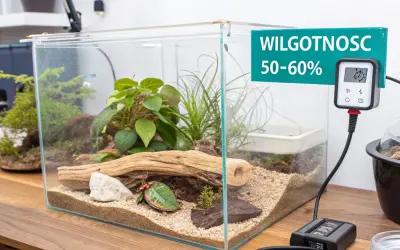 Szklane terrarium z roślinnością i drewnem, idealne do hodowli węża zbożowego. Termometr wskazuje wilgotność 50-60%.