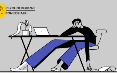Zrezygnowany człowiek przy biurku, z ręką na czole, obok laptopa. Długi pasek papieru ciągnie się po podłodze. Ilustracja symbolizuje prokrastynacja przyczyny.
