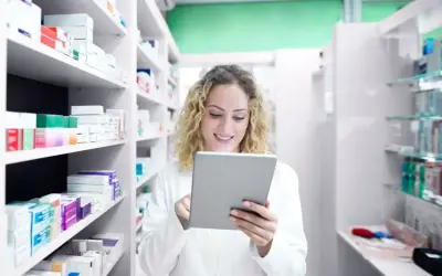 Farmacéutica sonriente revisa inventario en su tablet, rodeada de estantes llenos de productos de atida mifarma.