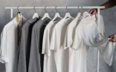En vit skjorta, grå hoodie och flera vita t-shirts hänger på en klädställning. En hand plockar ner en av t-shirtarna, som en del av en basgarderob herr.