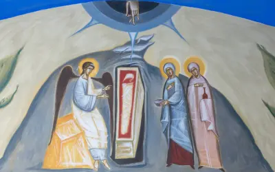 Ikona przedstawia zmartwychwstanie Chrystusa. Anioł oznajmia kobietom, że Jezus żyje, a nie jak zginęli apostołowie.
