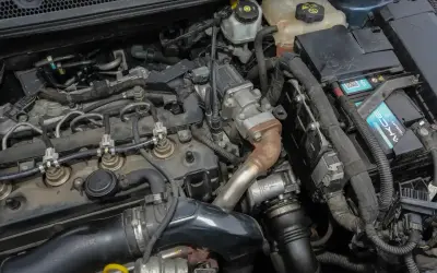 Silnik Opla Astry J 1.7 CDTI z widocznymi wtryskiwaczami, turbosprężarką i akumulatorem.