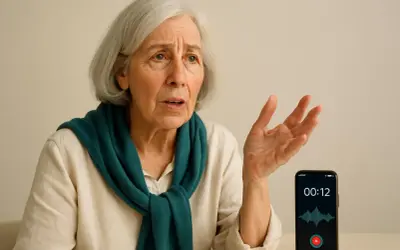 Anziana con espressione preoccupata, mentre un telefono registra la sua voce, forse per monitorare un possibile decadimento cognitivo.