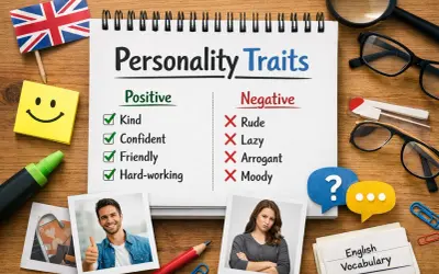 Notatnik z listą "Personality Traits" (cechy charakteru po angielsku), pozytywnych i negatywnych. Obok zdjęcia uśmiechniętego mężczyzny i niezadowolonej kobiety.