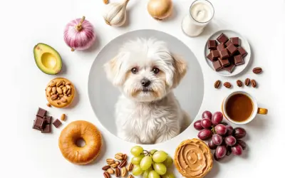 Un bichón maltés mira rodeado de alimentos prohibidos para perros: chocolate, uvas, aguacate, ajo, cebolla, café y lácteos.