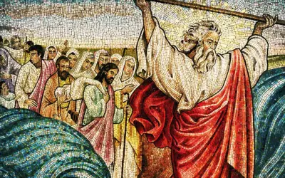 Mojżesz rozdziela Morze Czerwone, scena z **co to jest stary testament**. Ludzie przechodzą przez suchą drogę.