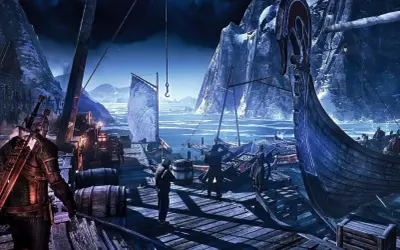 Nocny port na Skellige. Widać wikingów, łodzie i surowe, zimowe krajobrazy.