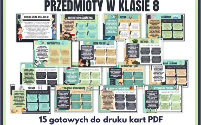 Przedmioty w 8 klasie: matematyka, fizyka, historia, geografia, język polski, chemia, biologia, informatyka, WOS, wychowanie fizyczne, religia/etyka, zajęcia z wychowawcą.