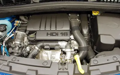 Silnik HDI 16 w Citroenie C4. Widoczny jest czarny plastikowy dekiel z napisem "HDI 16", przewody, rury dolotowe i inne elementy jednostki napędowej.