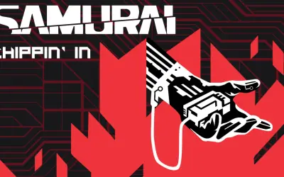 Cyberpunkowy **samurai** z mechaniczną dłonią, gotowy do akcji.