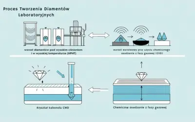 Schemat pokazuje, jak powstaje diament laboratoryjny: metodą HPHT (wysokie ciśnienie i temperatura) lub CVD (chemiczne osadzanie z fazy gazowej).