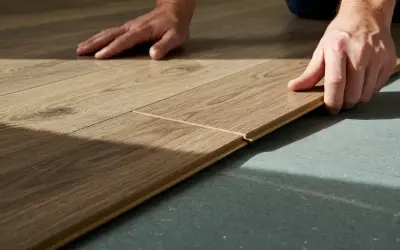 Hands demonstrate how to lay laminate flooring in a hallway, clicking planks together for a seamless finish.
