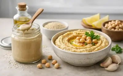 Pyszny hummus z ciecierzycą, czosnkiem i oliwą. Słoik z kremowym tahini, które jest kluczowym składnikiem.