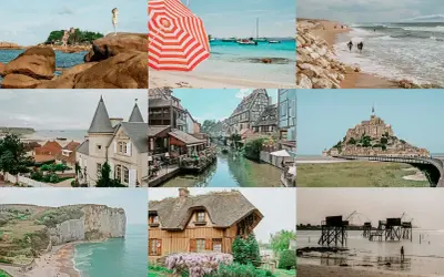 Ein bunter Collage-Überblick über einen Urlaub in Frankreich: Küsten, charmante Dörfer, Mont Saint-Michel und malerische Landschaften.