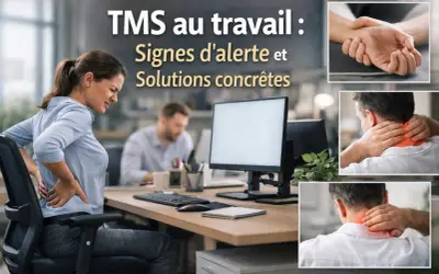 Prévention TMS : une femme souffre du dos au bureau. L'ergonomie et les solutions concrètes sont clés pour éviter ces troubles.