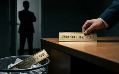 Złota tabliczka "SENIOR PROJECT LEAD - J. CHEN" jest zabierana z biurka, podczas gdy poprzednia leży w koszu na śmieci. To symbol likwidacji stanowiska pracy.