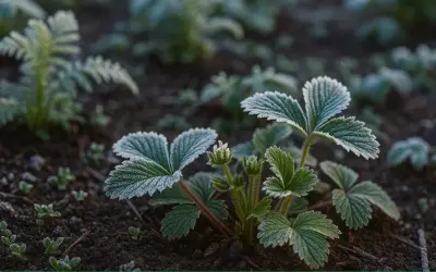 Młode sadzonki truskawek pokryte szronem, jakby zimni ogrodnicy (Pankracy, Mamert, Serwacy) już odwiedzili ogród.