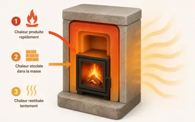 Le poêle de masse français, avec son cœur de feu, produit rapidement la chaleur qui est ensuite stockée dans sa masse pour une restitution lente et constante.