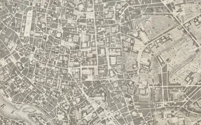 Stara mapa Rzymu, szczegółowy plan miasta z zaznaczonymi ulicami, placami i budynkami. Widać tu m.in. Piazza Navona i Palazzo Venezia. To cenne źródło do badań nad mpzp.